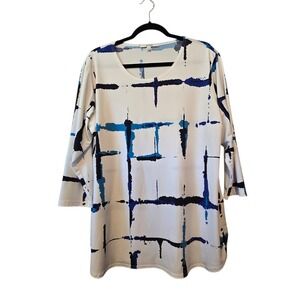 Sympli Stretch Geometric Jersey Knit Tunic Top Women's 16 White Blue Black Flowy